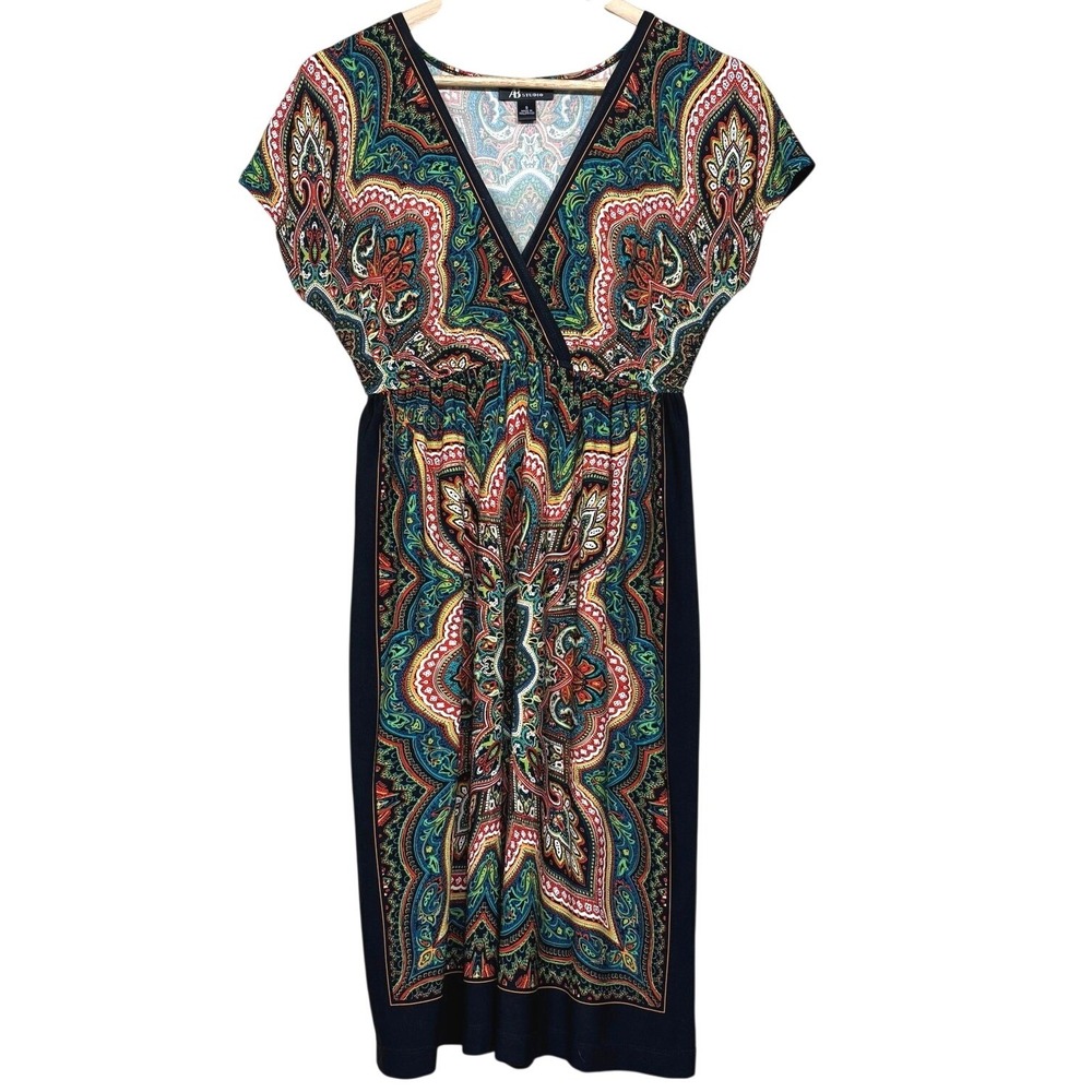 AB Studio Dress Womens S Paisley Black Multicolor Boho Midi A Line